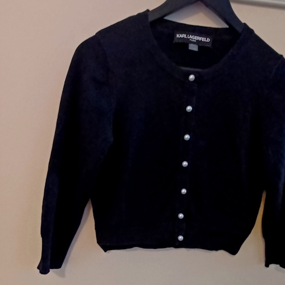 Karl Lagerfeld black knit cardigan.